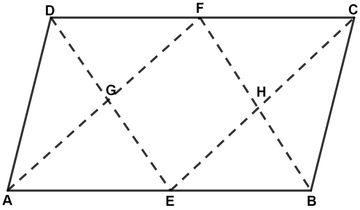 In parallelogram ABCD, E and F are mid-points of the sides AB and CD respectively. The line segments AF and BF meet the line segments ED and EC at points G and H respectively. Prove that : Mid-point Theorem, Concise Mathematics Solutions ICSE Class 9.