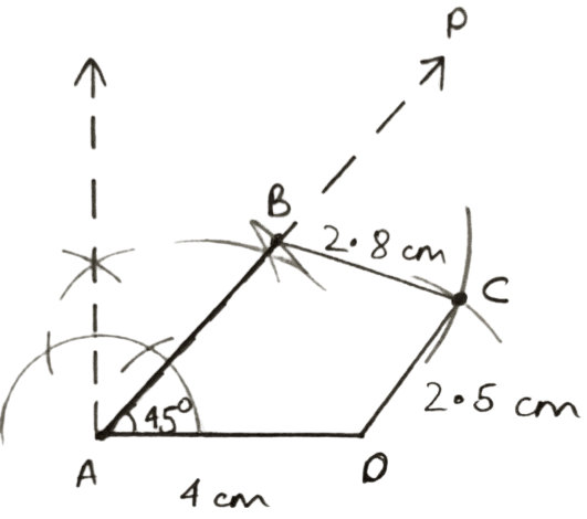 AD = AB = 4 cm, BC = 2.8 cm, CD = 2.5 cm and angle BAD = 45°. Construction of Polygons, Concise Mathematics Solutions ICSE Class 9.