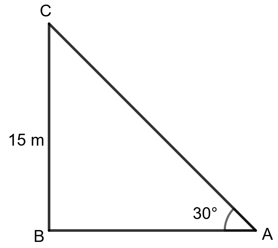 A ladder is placed against a vertical tower. If the ladder makes an angle of 30° with the ground and reaches upto a height of 15 m of the tower; find the length of the ladder. Solution of Right Triangles, Concise Mathematics Solutions ICSE Class 9.