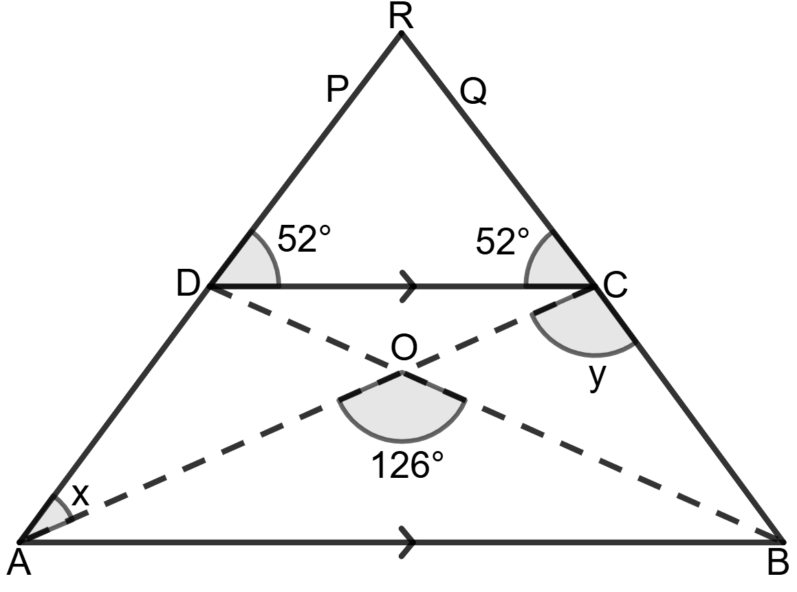 In the given figure, ABCD is a trapezium with DC//AB, ∠AOB = 126° and ∠DCQ = ∠CDP = 52°. Find the values of x and y. Chapterwise Revision (Stage 2), Concise Mathematics Solutions ICSE Class 9.