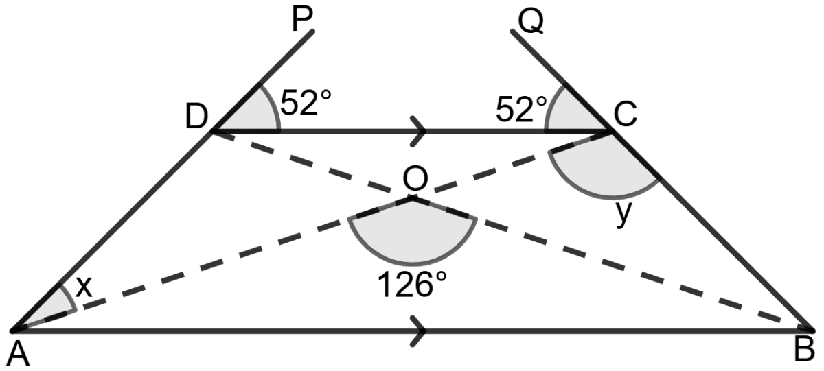 In the given figure, ABCD is a trapezium with DC//AB, ∠AOB = 126° and ∠DCQ = ∠CDP = 52°. Find the values of x and y. Chapterwise Revision (Stage 2), Concise Mathematics Solutions ICSE Class 9.