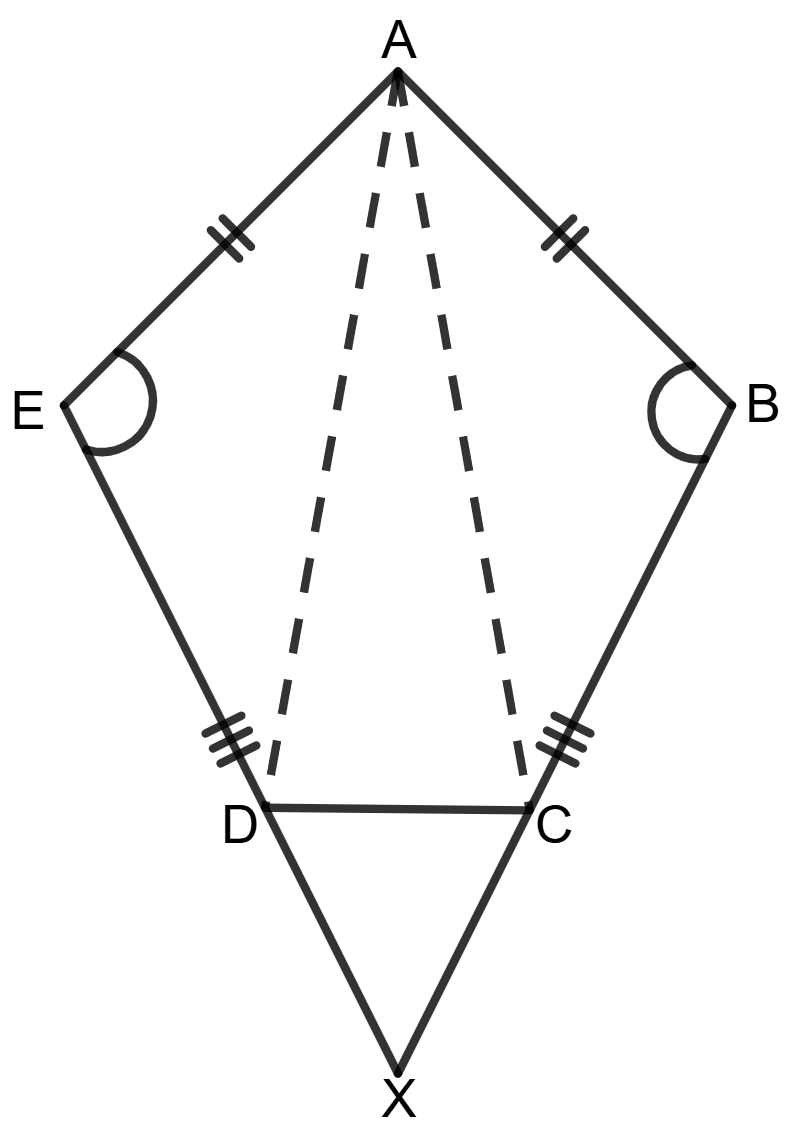 ABCDE is a pentagon in which AB = AE, BC = ED and ∠ABC = ∠AED. (a) Prove that (i) AC = AD (ii) ∠BCD = ∠EDC (b) If BC and ED are produced to meet at X, prove that BX = EX. Chapterwise Revision (Stage 2), Concise Mathematics Solutions ICSE Class 9.