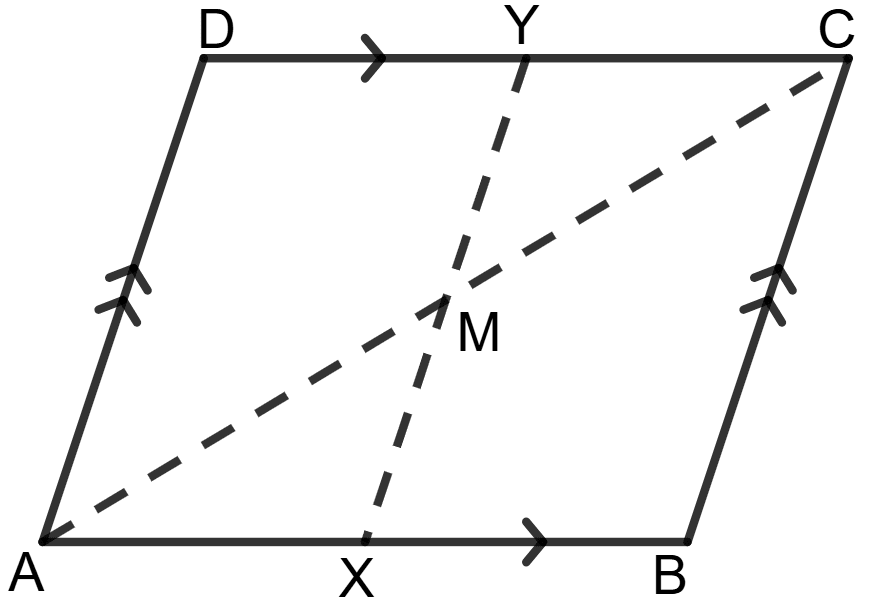 In the parallelogram ABCD, M is mid-point of AC and X, Y are points on AB and DC respectively such that AX = CY. Chapterwise Revision (Stage 2), Concise Mathematics Solutions ICSE Class 9.