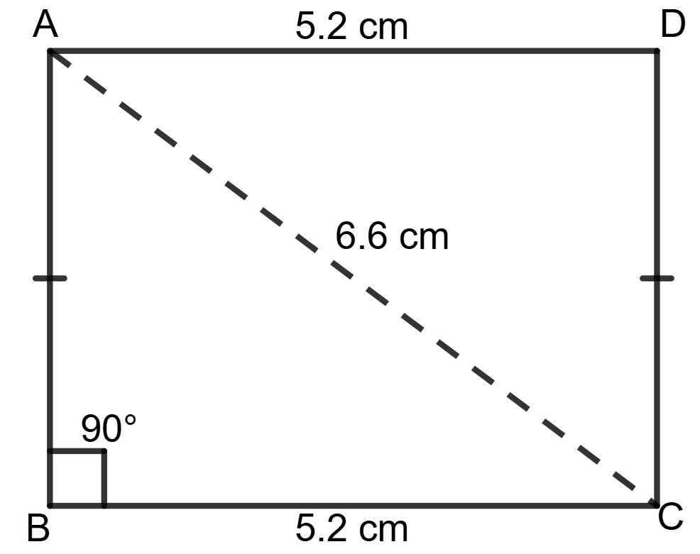 Construct a rectangle ABCD with diagonal AC = 6.6 cm, side BC = 5.2 cm and ∠B = 90°. Chapterwise Revision (Stage 2), Concise Mathematics Solutions ICSE Class 9.