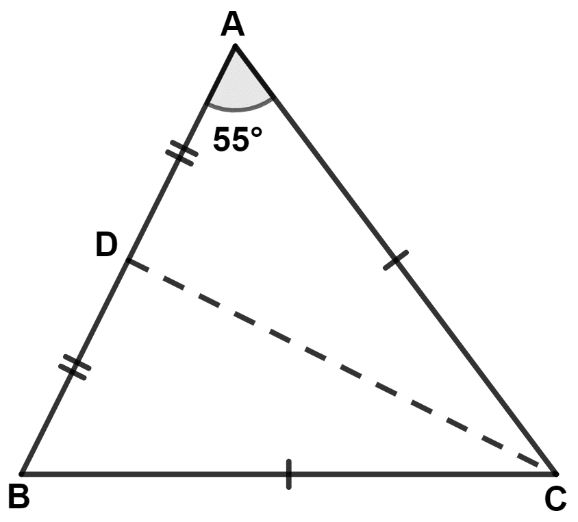 An isosceles triangle ABC has AC = BC. CD bisects AB at D and ∠CAB = 55°. Find : Isosceles Triangles, Concise Mathematics Solutions ICSE Class 9.