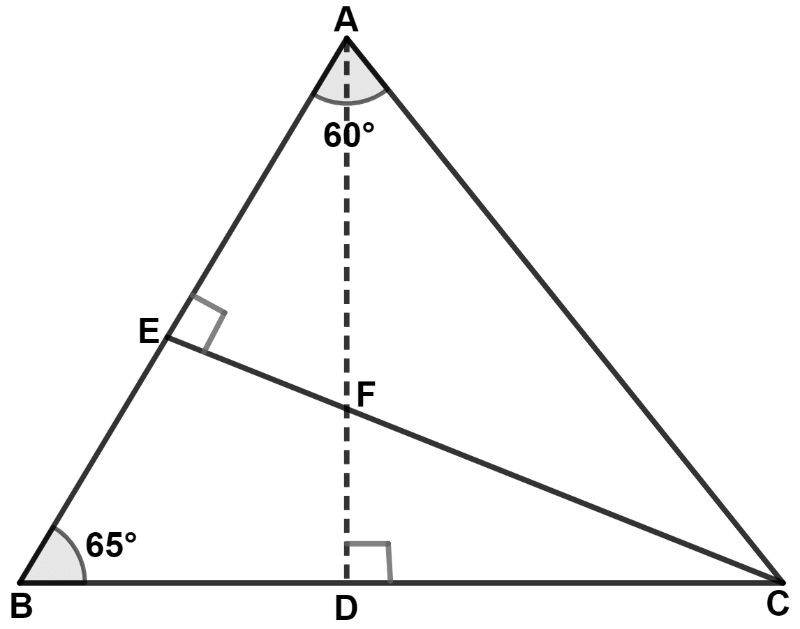 In the following figure, ∠BAC = 60° and ∠ABC = 65°. Prove that : Inequalities, Concise Mathematics Solutions ICSE Class 9.