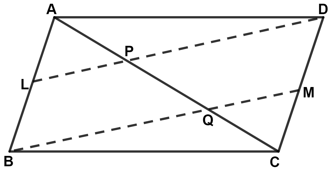 L and M are the mid-points of sides AB and DC respectively of parallelogram ABCD. Prove that segments DL and BM trisect diagonal AC. Mid-point Theorem, Concise Mathematics Solutions ICSE Class 9.