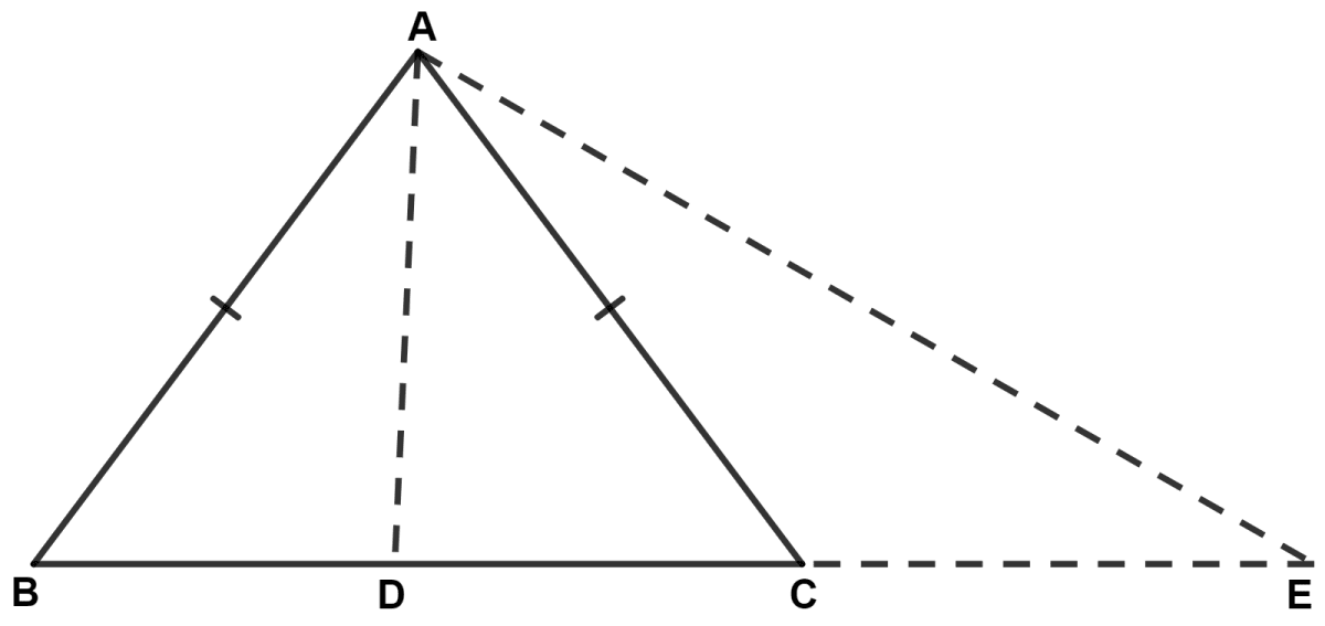 In isosceles triangle ABC, sides AB and AC are equal. If point D lies in base BC and point E lies on BC produced (BC being produced through vertex C), prove that : Inequalities, Concise Mathematics Solutions ICSE Class 9.