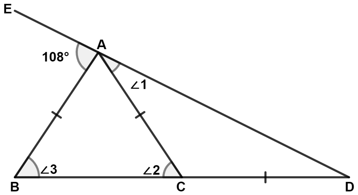 Sides AB and AC of a triangle ABC are equal. BC is produced through C upto point D such that AC = CD. D and A are joined and produced (through vertex A) upto point E. If angle BAE = 108°; find angle ADB. Isosceles Triangles, Concise Mathematics Solutions ICSE Class 9.