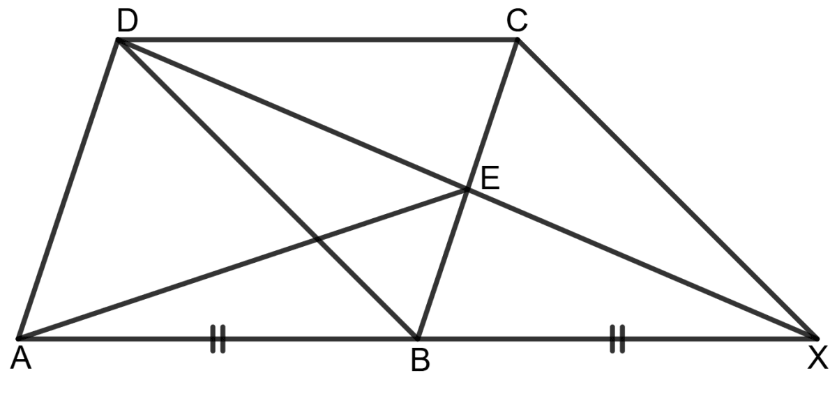 In the parallelogram ABCD, the side AB is produced to the point X, so that BX = AB. The line DX cuts BC at E. Prove that (i) DBXC is a parallelogram. (ii) Area (△ AED) = 2 x area (△ CEX). Chapterwise Revision (Stage 2), Concise Mathematics Solutions ICSE Class 9.