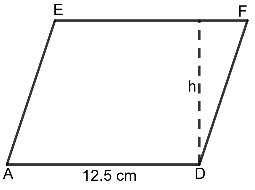The area of the parallelogram ADFE is 275 cm and AD = 12.5 cm. Find the distance between point D and side EF. Chapterwise Revision (Stage 2), Concise Mathematics Solutions ICSE Class 9.