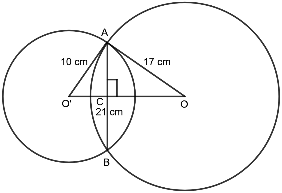 Two circles of radii 10 cm and 17 cm intersecting each other at two points and the distance between their centres is 21 cm. Find the length of the common chord. Chapterwise Revision (Stage 2), Concise Mathematics Solutions ICSE Class 9.