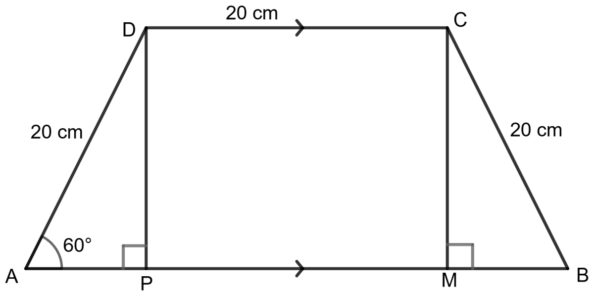In trapezium ABCD, as shown, AB // DC, AD = DC = BC = 20 cm and ∠A = 60°. Solution of Right Triangles, Concise Mathematics Solutions ICSE Class 9.