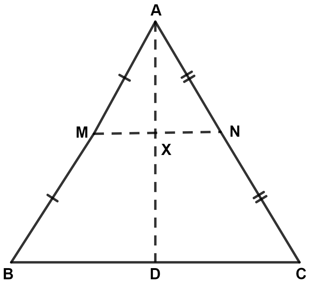 In triangle ABC; M is the mid-point of AB, N is mid-point of AC and D is any point in base BC. Use intercept theorem to show that MN bisects AD. Mid-point Theorem, Concise Mathematics Solutions ICSE Class 9.