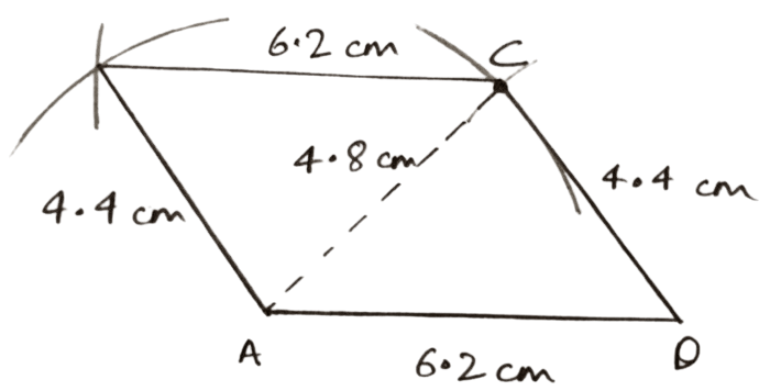 AB = 4.4 cm, AD = 6.2 cm and AC = 4.8 cm. Construction of Polygons, Concise Mathematics Solutions ICSE Class 9.