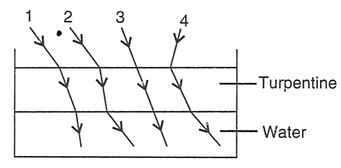 The optical density of turpentine is higher than that of water, while its mass density is lower than water. The figure given below shows a layer of turpentine floating over water taken in a container. For which one of the four rays incident on turpentine in the path shown in the figure is correct? Force, Concise Physics Solutions ICSE Class 10.