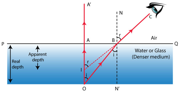 An object when placed in a denser medium and is viewed from a rarer medium appears to be at a lesser depth than real death. This is because of? Refraction of light at plane surfaces, Concise Physics Class 10 Solutions.