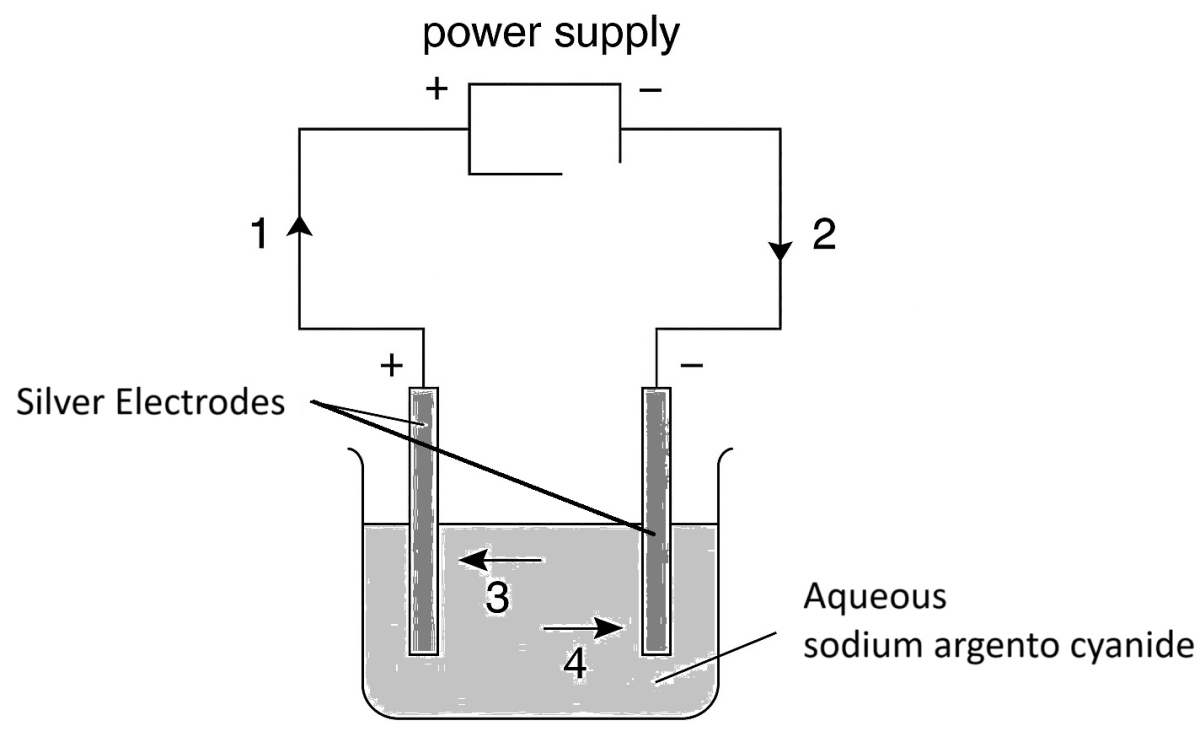 The diagram below shows a circuit used to electrolyse aqueous sodium argento cyanide. Which arrow indicates the movement of the silver ions in the electrolyte and of the electrons in the external circuit? Chemistry Competency Focused Practice Questions Class 10 Solutions.