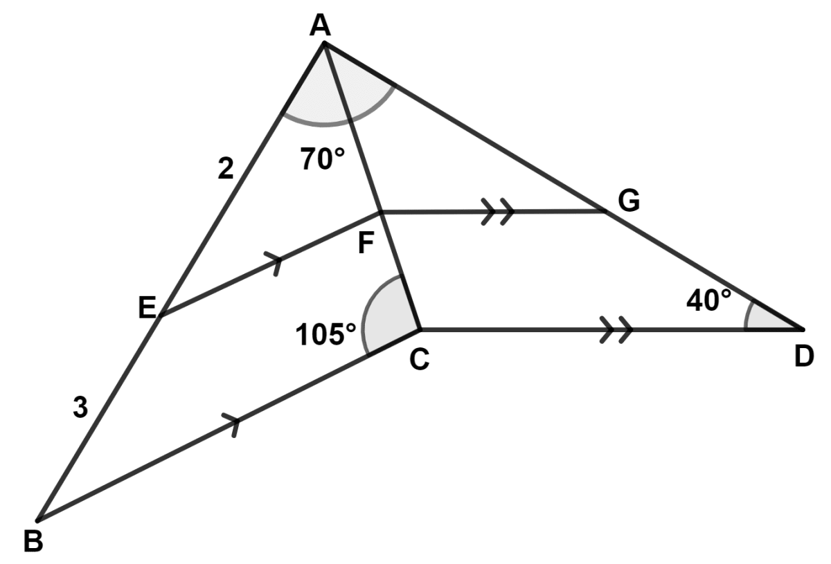 In the given figure (not drawn to scale), BC is parallel to EF, CD is parallel to FG, AE : EB = 2 : 3, ∠BAD = 70°, ∠ACB = 105°, ∠ADC = 40° and AC is bisector of ∠BAD. Maths Competency Focused Practice Questions Class 10 Solutions.