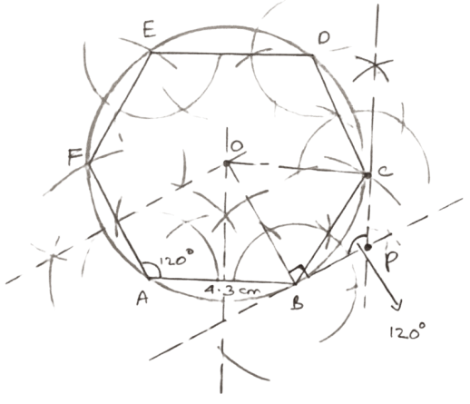 Construct a regular hexagon ABCDEF of side 4.3 cm and construct its circumscribed circle. Also, construct tangents to the circumscribed circle at points B and C which meets each other at point P. Measure and record ∠BPC. Maths Competency Focused Practice Questions Class 10 Solutions.