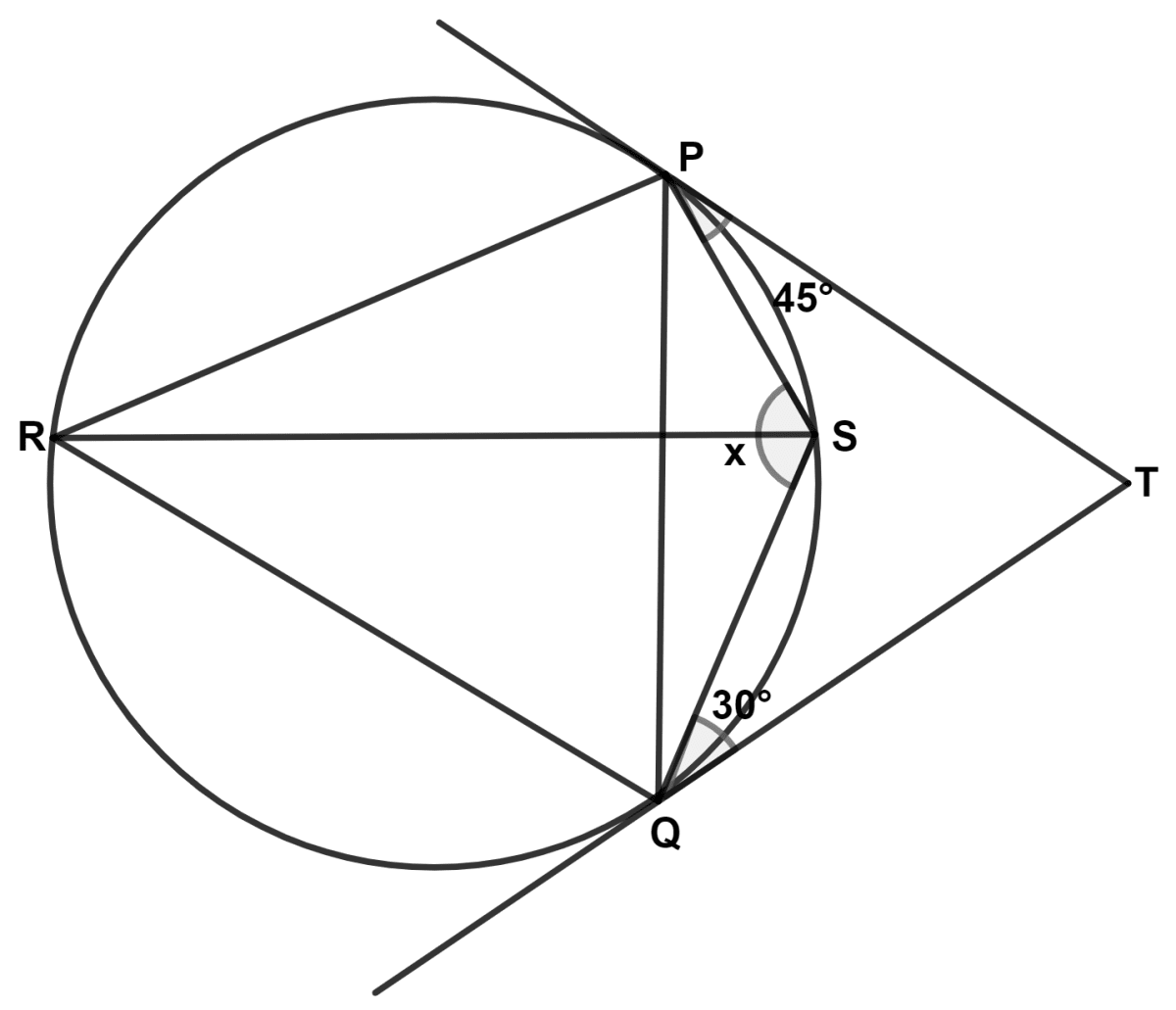 In the given figure, PT and QT are tangents to a circle such that ∠TPS = 45° and ∠TQS = 30°. Then, the value of x is : Maths Competency Focused Practice Questions Class 10 Solutions.