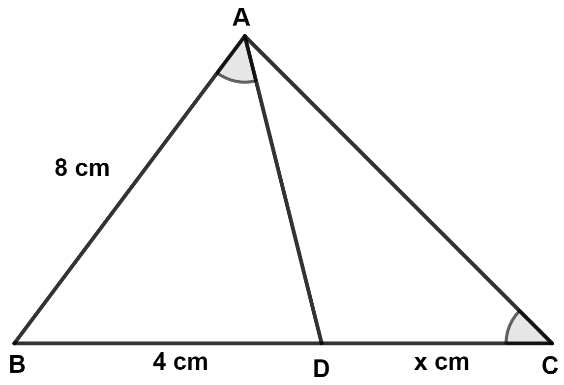 Given a triangle ABC, and D is a point on BC such that BD = 4 cm and DC = x cm. If ∠BAD = ∠C and AB = 8 cm, then. Maths Competency Focused Practice Questions Class 10 Solutions.