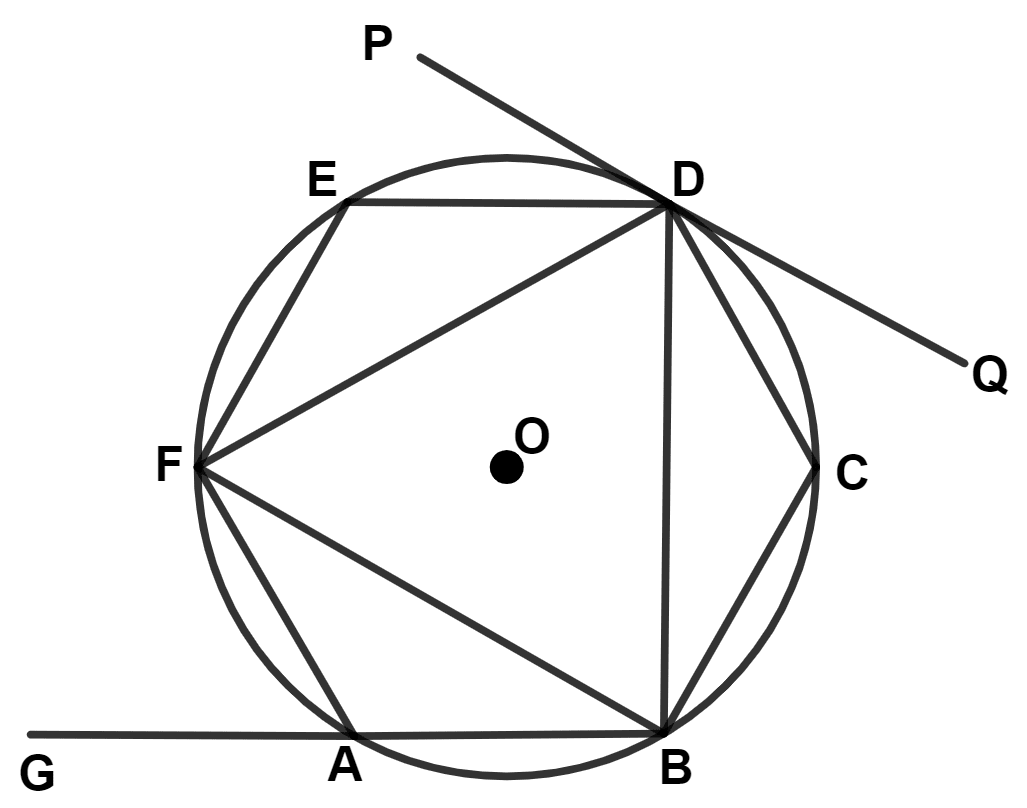 In the given diagram, ABCDEF is a regular hexagon inscribed in a circle with centre O. PQ is a tangent to the circle at D. Find the value of : Maths Competency Focused Practice Questions Class 10 Solutions.