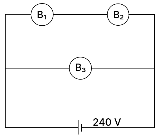 A bulb B1 100 W, bulb B2 60 W and bulb B3 40 W are connected as shown in the figure. The output powers of these would be. Current Electricity, Concise Physics Solutions ICSE Class 10.