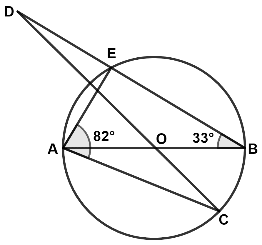 AB and CD intersect at the center O of the circle given in the above diagram. If ∠EBA = 33° and ∠EAC = 82°, find . Maths Competency Focused Practice Questions Class 10 Solutions.