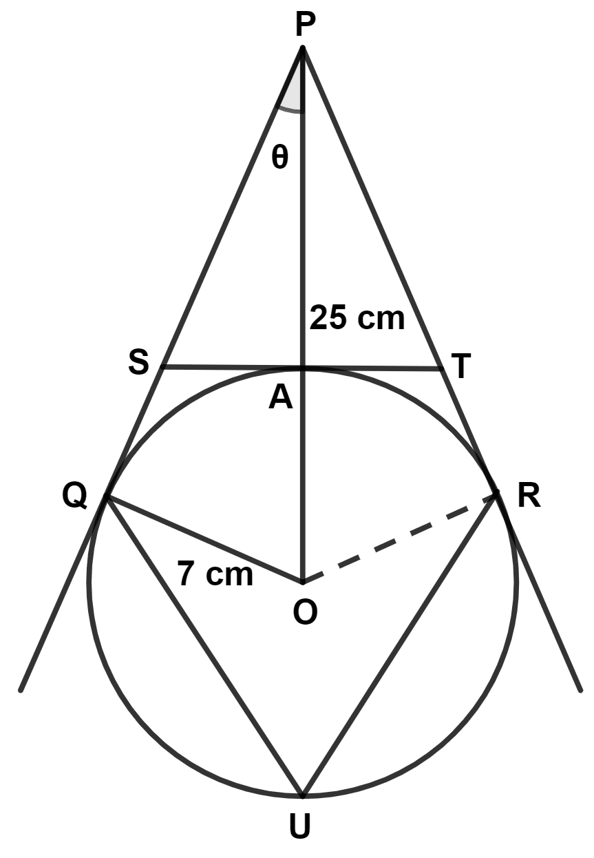 In the adjoining diagram PQ, PR and ST are the tangents to the circle with centre O and radius 7 cm. Given OP = 25 cm. Find : Maths Competency Focused Practice Questions Class 10 Solutions.