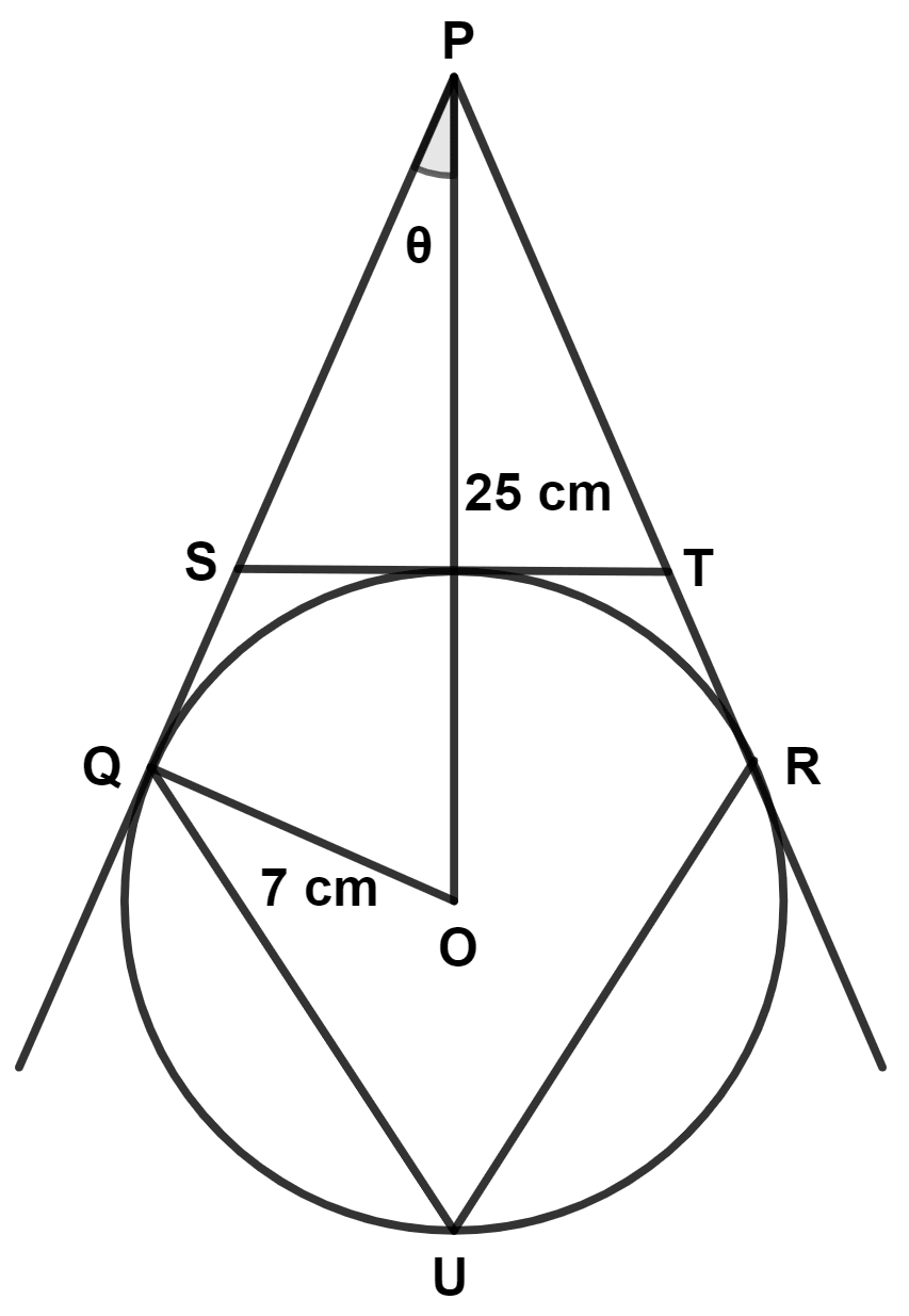 In the adjoining diagram PQ, PR and ST are the tangents to the circle with centre O and radius 7 cm. Given OP = 25 cm. Find : Maths Competency Focused Practice Questions Class 10 Solutions.