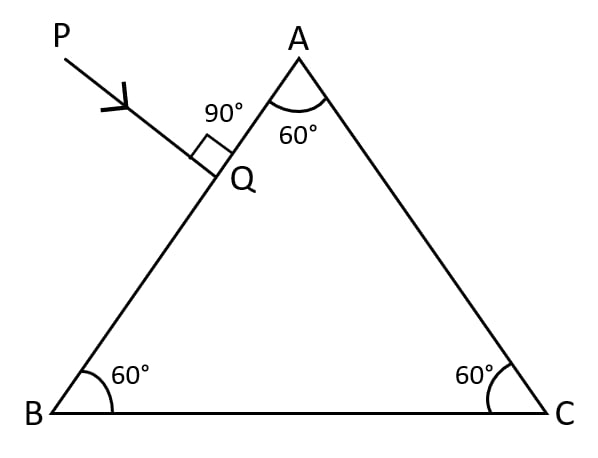 In the figure, a ray of light PQ is incident normally on the face AB of an equilateral glass prism. Complete the ray diagram showing its emergence into air after passing through the prism. Take critical angle for glass = 42°. Refraction of light at plane surfaces, Concise Physics Class 10 Solutions.