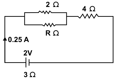 The circuit diagram in figure shows three resistors 2 Ω, 4 Ω and R Ω connected to a battery of e.m.f. 2V and internal resistance 3 Ω. If main current of 0.25 A flows through the circuit, find the p.d. across the 4 Ω resistor, the p.d. across the internal resistance of the cell, the p.d. across the R Ω or 2 Ω resistor, and the value of R. Current Electricity, Concise Physics Solutions ICSE Class 10.