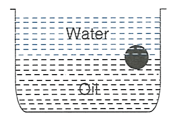A ball is made of a material of density ρ, where ρ<sub>oil</sub> < ρ < ρ<sub>water</sub> with ρ<sub>oil</sub> and ρ<sub>water</sub> represent the densities of oil and water respectively. The oil and water are immiscible. If the above ball is in equilibrium in a mixture of this oil and water, the figure which represents the equilibrium position is : Concise Physics Solutions ICSE Class 9.