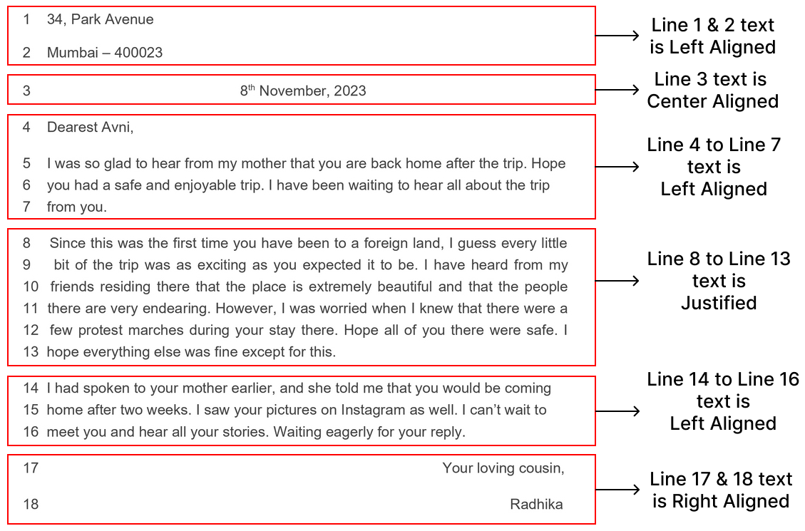 Teacher has asked Juhi to write an informal letter to her friend and mention the type of text alignment used in every line. Help her to complete the assignment. Computer Applications Code 165 Kips Cyber Beans Solutions Class 9 CBSE.