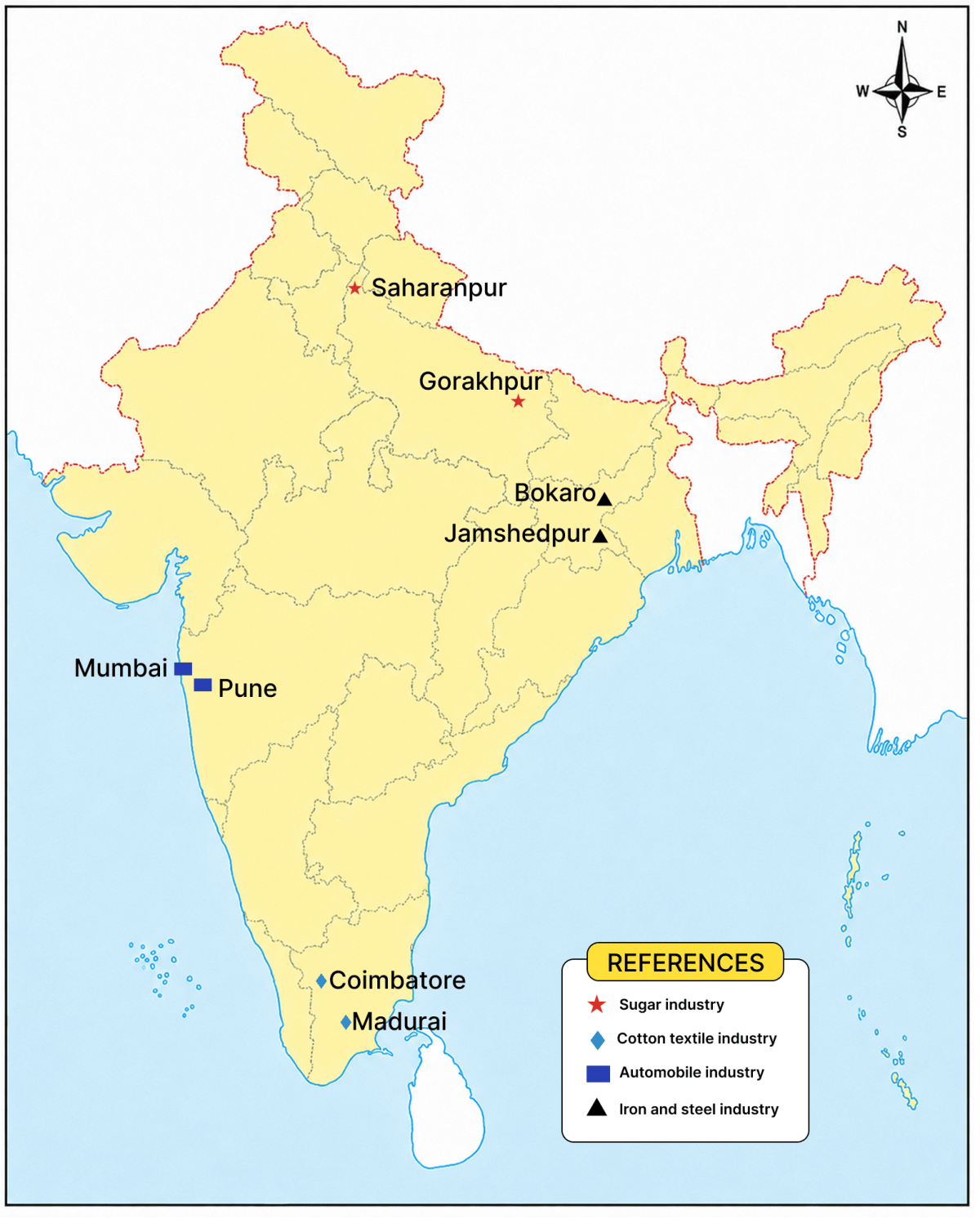 On an outline map of India, shade the following. Industries, Frank Middle School Geography Solutions ICSE Class 7.