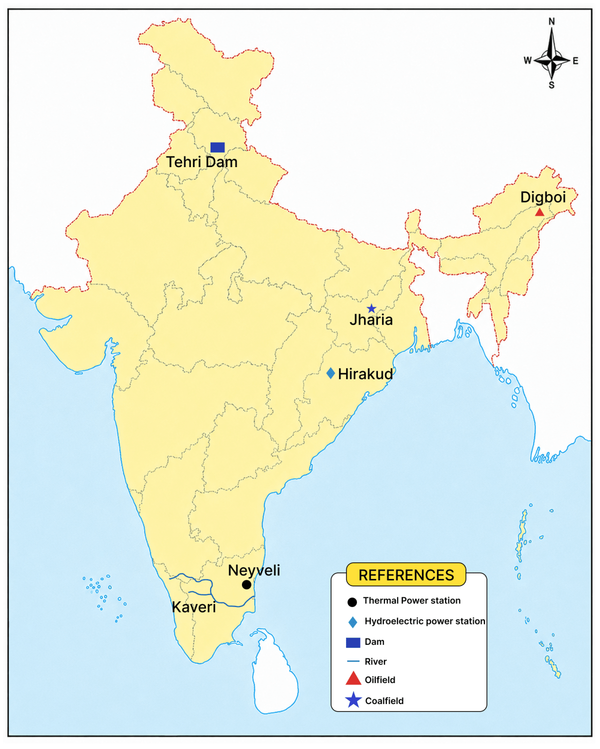 On an outline map of India, locate and label the following. Energy & Power Resources, Frank Middle School Geography Solutions ICSE Class 7.