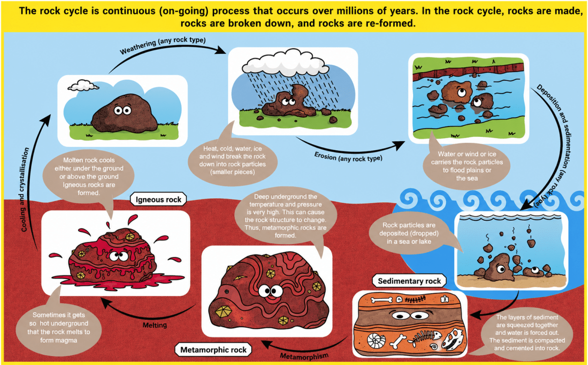 Explain the rock cycle with a suitable illustration of the same. Weathering and Soil Formation, Frank Middle School Geography Solutions ICSE Class 7.
