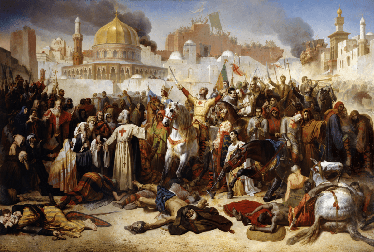 The given picture portrays the taking of Jerusalem by the Crusaders. Medieval Europe-Rise and Spread of Christianity, Frank Modern Certificate History and Civics Solutions ICSE Class 7.