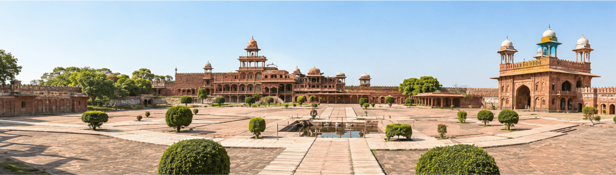 The picture shows a palace complex built by Akbar. Based on this information, answer the following: Rise and Spread of Islam, Frank Modern Certificate History and Civics Solutions ICSE Class 7.