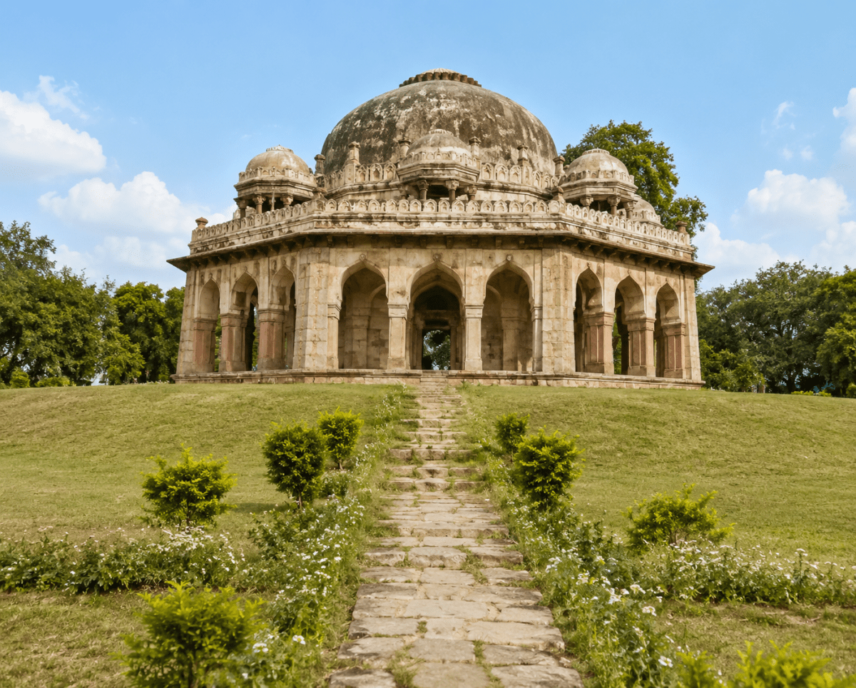 The tomb in the given picture shows octagonal domes with Afghan simplicity. This reflects which dynasty's architecture. The Tughlaq, the Sayyid and the Lodi Dynasty, Frank Modern Certificate History and Civics Solutions ICSE Class 7.