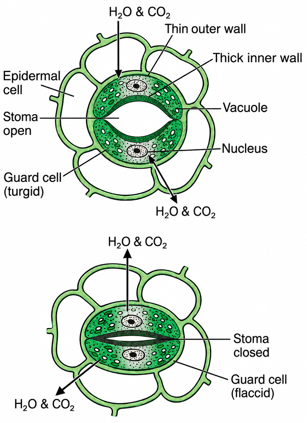 Draw a neat, labelled diagram of a stomatal apparatus. Photosynthesis, ICSE Class 10 Biology by Goyal Brothers Solutions.