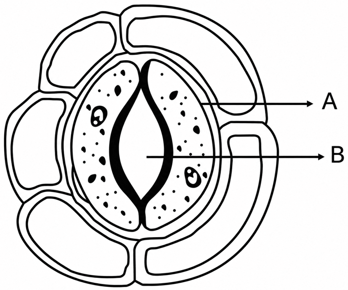The diagram given below represents a structure found in a leaf. Study the same and answer the questions that follow:. Transpiration, ICSE Class 10 Biology by Goyal Brothers Solutions.