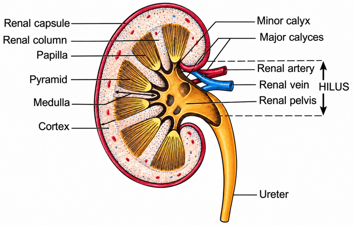 Draw a neat diagram of a longitudinal section of a human kidney and label Renal Cortex and Renal Medulla on the diagram. The Excretory System, ICSE Class 10 Biology by Goyal Brothers Solutions.