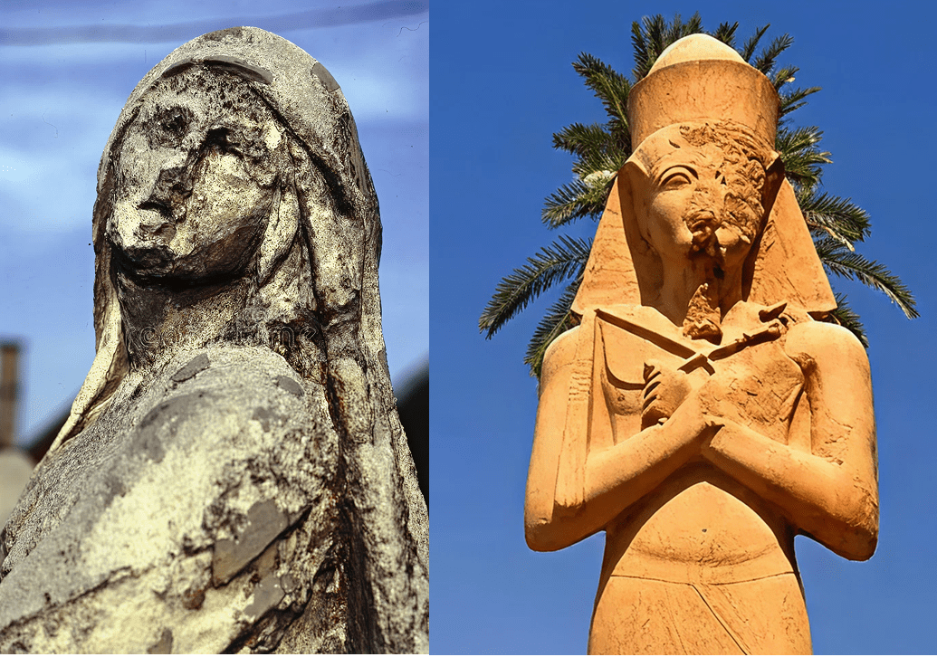 Study the pictures below. Give the reason for the corrosion of these statues and state its causes created by nature and human activities. Issues of the Environment, ICSE Commercial Applications CB Gupta Goyal Brothers Solutions Class 10.