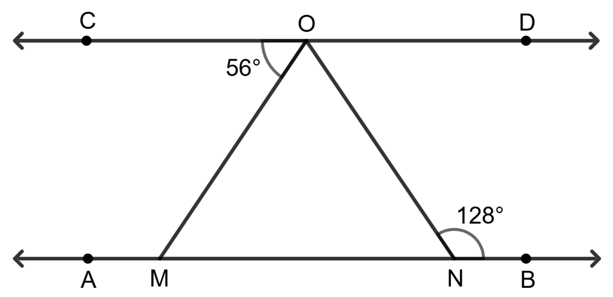 In the given figure, AB || CD. If ∠BNO = 128° and ∠COM = 56°, then ∠MON is. Lines and Angles, Foundation Mathematics R.S. Aggarwal ICSE Class 7.
