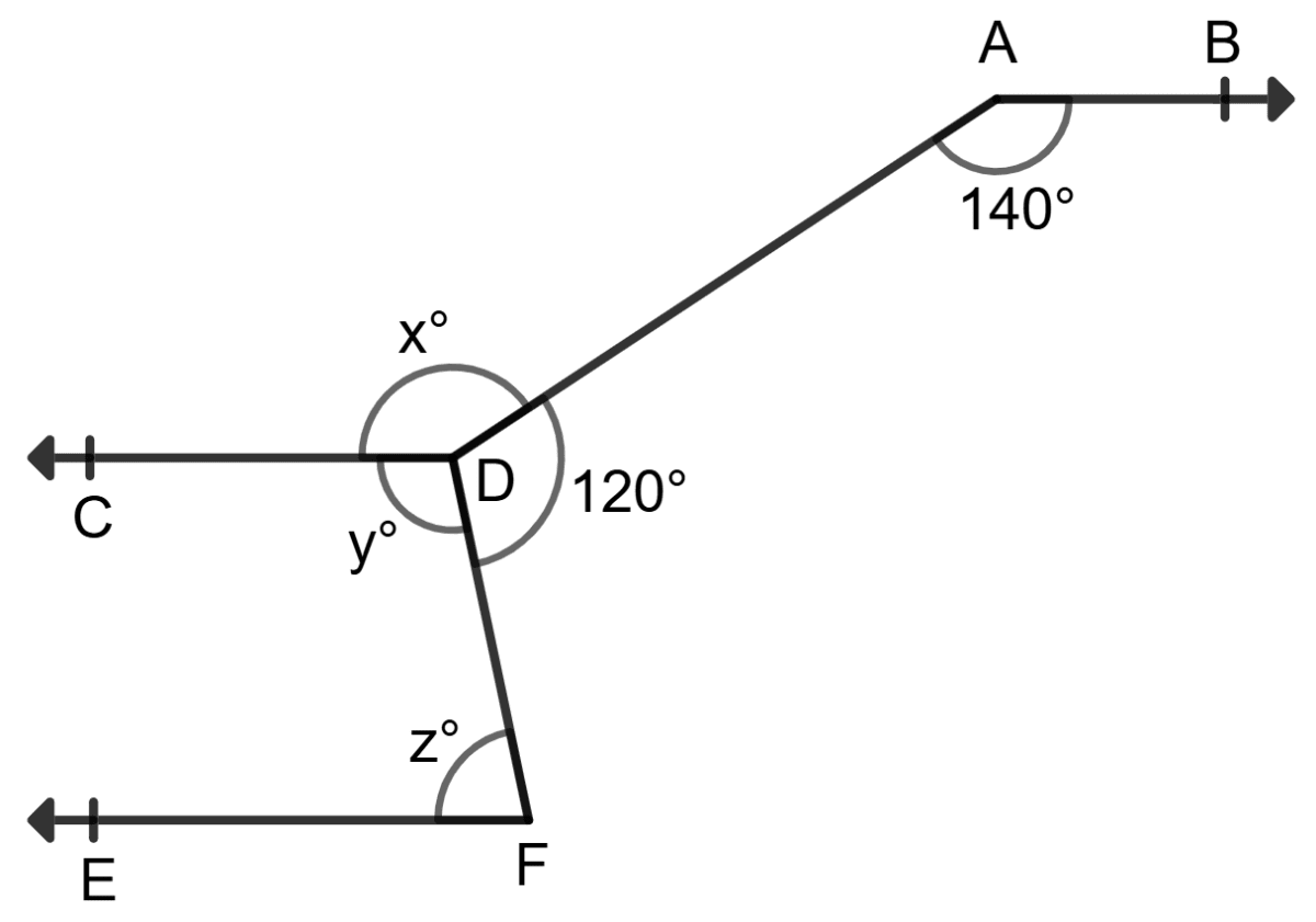 In the given figure, AB || CD || EF. Find x, y and z. Lines and Angles, Foundation Mathematics R.S. Aggarwal ICSE Class 7.