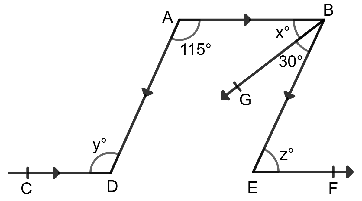 In the given figure, AB || CD || EF and AD || BE. Find x, y and z. Lines and Angles, Foundation Mathematics R.S. Aggarwal ICSE Class 7.