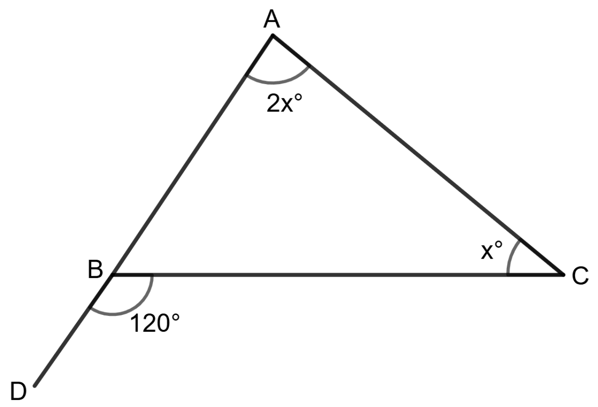 In each of the following figures, one side of a triangle has been produced. Find all the angles of the triangle in each case. Properties of Triangles, Foundation Mathematics R.S. Aggarwal ICSE Class 7.