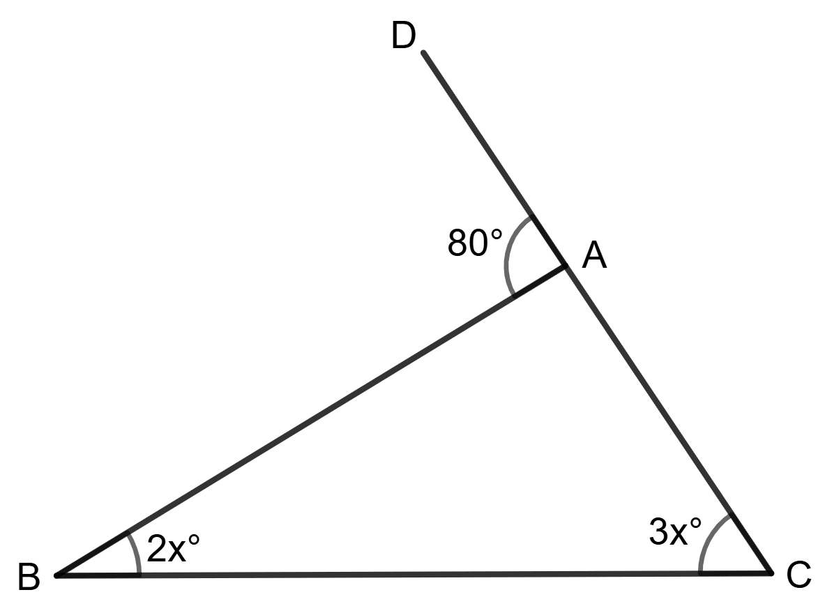 In each of the following figures, one side of a triangle has been produced. Find all the angles of the triangle in each case. Properties of Triangles, Foundation Mathematics R.S. Aggarwal ICSE Class 7.